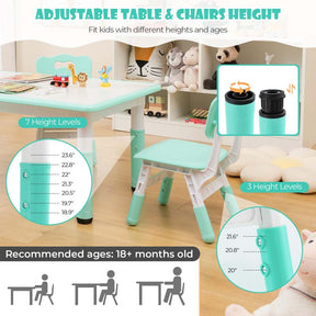 Kids Table and 4 Chairs Set, Height Adjustable Toddler Art Activity Desk with 4 Seats & Graffiti Desktop for Home, Daycare & Playroom
