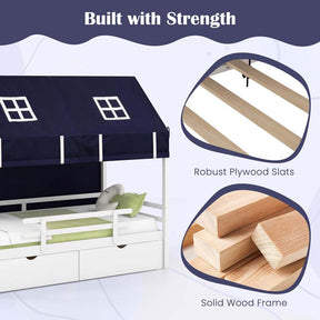 Twin House Bed with Storage Drawers & Dustproof Tent, Solid Wood Montessori Bed Frame with House Roof & Rails for Boys Girls Teens
