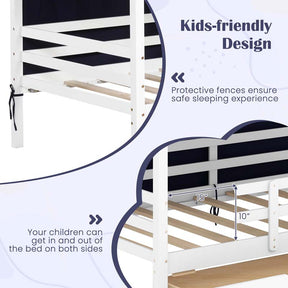 Twin House Bed with Storage Drawers & Dustproof Tent, Solid Wood Montessori Bed Frame with House Roof & Rails for Boys Girls Teens
