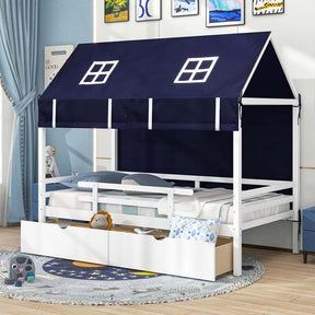Twin House Bed with Storage Drawers & Dustproof Tent, Solid Wood Montessori Bed Frame with House Roof & Rails for Boys Girls Teens