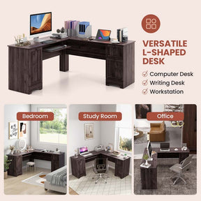 L-Shaped Corner Desk with Storage Drawers & Keyboard Tray, Space-Saving Home Office Computer Desk
