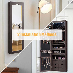 Wall/Door Mounted Jewelry Cabinet with Full Length Mirror, Lockable Jewelry Armoire Organizer with 6 Drawers & 5 LED Lights