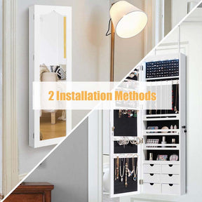 Wall/Door Mounted Jewelry Cabinet with Full Length Mirror, Lockable Jewelry Armoire Organizer with 6 Drawers & 5 LED Lights