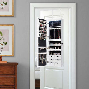 Wall/Door Mounted Jewelry Cabinet with Full Length Mirror, Lockable Jewelry Armoire Organizer with 6 Drawers & 5 LED Lights
