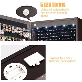 Wall/Door Mounted Jewelry Cabinet with Full Length Mirror, Lockable Jewelry Armoire Organizer with 6 Drawers & 5 LED Lights