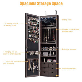 Wall/Door Mounted Jewelry Cabinet with Full Length Mirror, Lockable Jewelry Armoire Organizer with 6 Drawers & 5 LED Lights