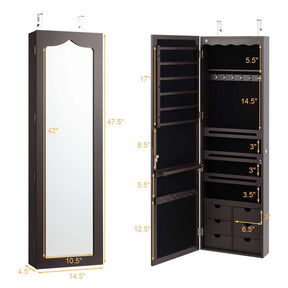 Wall/Door Mounted Jewelry Cabinet with Full Length Mirror, Lockable Jewelry Armoire Organizer with 6 Drawers & 5 LED Lights