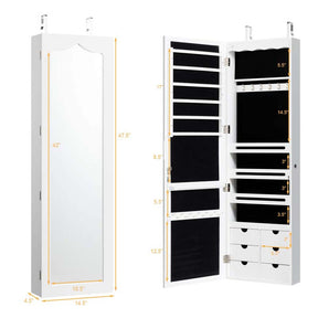 Wall/Door Mounted Jewelry Cabinet with Full Length Mirror, Lockable Jewelry Armoire Organizer with 6 Drawers & 5 LED Lights