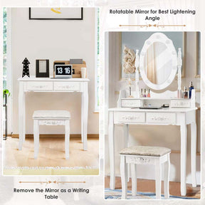 4-Drawer Makeup Vanity Table Set with 10 LED Lights, Storage Shelf, Rose Knob, Bedroom Dressing Makeup Table Vanity Desk