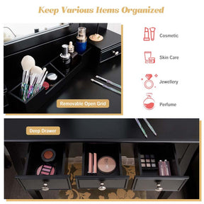 5-Drawer Makeup Table Vanity Set with Mirror & Cushioned Stool, Bedroom Dressing Table with Removable Storage Organizers