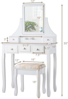 5-Drawer Makeup Table Vanity Set with Mirror & Cushioned Stool, Bedroom Dressing Table with Removable Storage Organizers