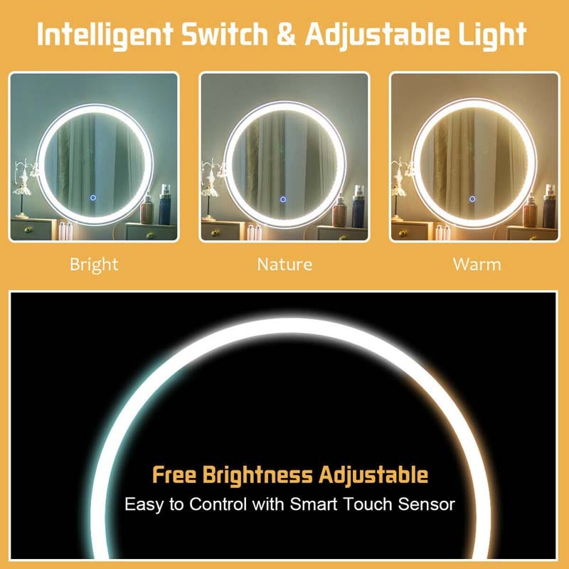 Modern Makeup Vanity Set with Touch Screen Dimming Mirror and 3 Color LED Lighting Modes, Jewelry Divider Dressing Table