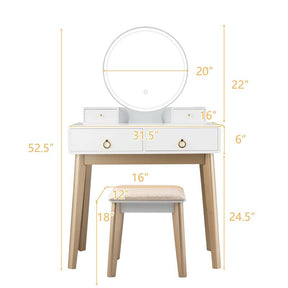 Modern Makeup Vanity Set with Touch Screen Dimming Mirror and 3 Color LED Lighting Modes, Jewelry Divider Dressing Table