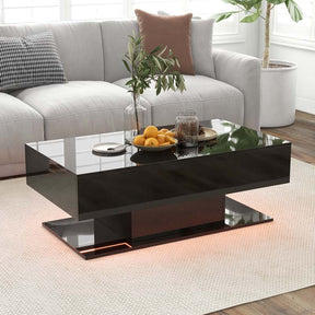 2-Tier Modern LED Coffee Table, High Glossy Rectangle Center Table with 20-Color Lights, 2 Storage Drawers & Remote Control for Living Room