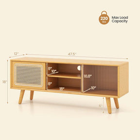 Mid Century Modern TV Stand for TVs up to 55", Bamboo Entertainment Center Media Console with Rattan & Glass Sliding Doors, Adjustable Shelf