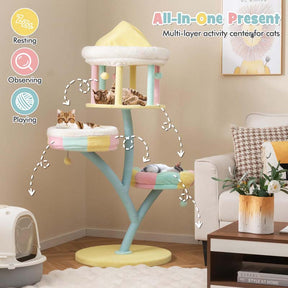 57.5"H Amusement Park Style Cat Tree Tower with Scratching Posts, Top Open Condo, 2 Perches, Dangling Balls