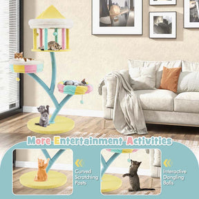 57.5"H Amusement Park Style Cat Tree Tower with Scratching Posts, Top Open Condo, 2 Perches, Dangling Balls