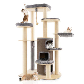 67" Multi-Level Tall Cat Tree for Medium to Large Cats, 3-Story Cat Condo with Top Perch, Hammock, Sisal Scratching Posts