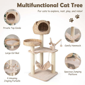Hand-Made Cattail Cat Condo with Funny Toy Balls, Hammock, Scratching Posts, Multi-Level Modern Cat Tree Tower for Large Cats