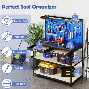 48" x 24" Workbench Work Table with 3 PCs Pegboard, Drawer & Shelves, 24 Hanging Accessories, 506 LBS Heavy-Duty Metal Tool Work Station