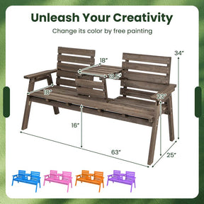 2-3 Person Outdoor Fir Wood Garden Bench with Foldable Middle Table, Backrest & Armrests, Slatted Seat Bench for Patio Porch, Backyard