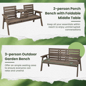 2-3 Person Outdoor Fir Wood Garden Bench with Foldable Middle Table, Backrest & Armrests, Slatted Seat Bench for Patio Porch, Backyard