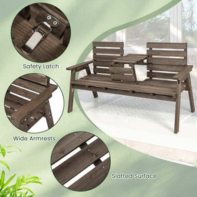 2-3 Person Outdoor Fir Wood Garden Bench with Foldable Middle Table, Backrest & Armrests, Slatted Seat Bench for Patio Porch, Backyard