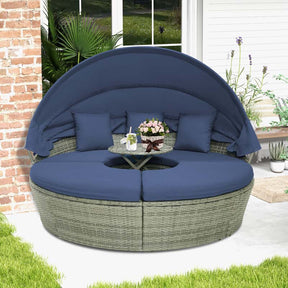 Outdoor Wicker Round Daybed with Retractable Canopy, Patio Sectional Seating Furniture with Cushions & Adjustable Side Table