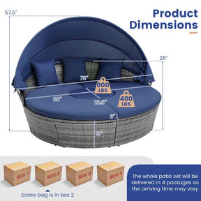 Outdoor Wicker Round Daybed with Retractable Canopy, Patio Sectional Seating Furniture with Cushions & Adjustable Side Table