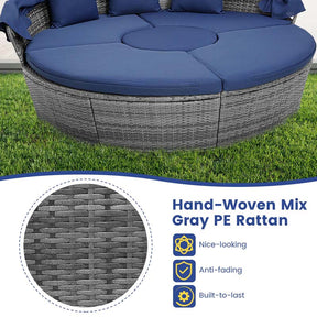 Outdoor Wicker Round Daybed with Retractable Canopy, Patio Sectional Seating Furniture with Cushions & Adjustable Side Table