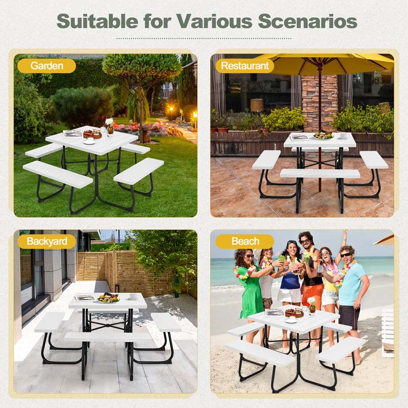 8 Person Square Picnic Table and Bench Set, Outdoor HDPE Patio Dining Set with Umbrella Hole & Metal Frame, 2000lbs Capacity for Backyard