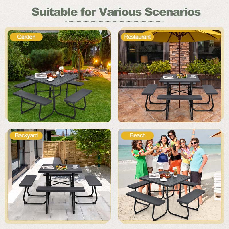 8 Person Square Picnic Table and Bench Set, Outdoor HDPE Patio Dining Set with Umbrella Hole & Metal Frame, 2000lbs Capacity for Backyard