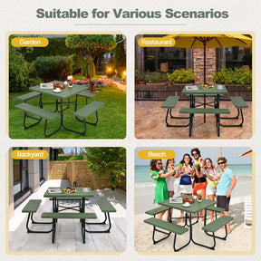 8 Person Square Picnic Table and Bench Set, Outdoor HDPE Patio Dining Set with Umbrella Hole & Metal Frame, 2000lbs Capacity for Backyard