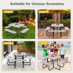 8 Person Square Picnic Table and Bench Set, Outdoor HDPE Patio Dining Set with Umbrella Hole & Metal Frame, 2000lbs Capacity for Backyard
