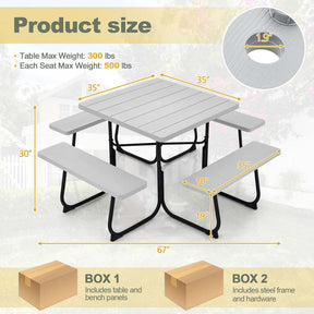 8 Person Square Picnic Table and Bench Set, Outdoor HDPE Patio Dining Set with Umbrella Hole & Metal Frame, 2000lbs Capacity for Backyard