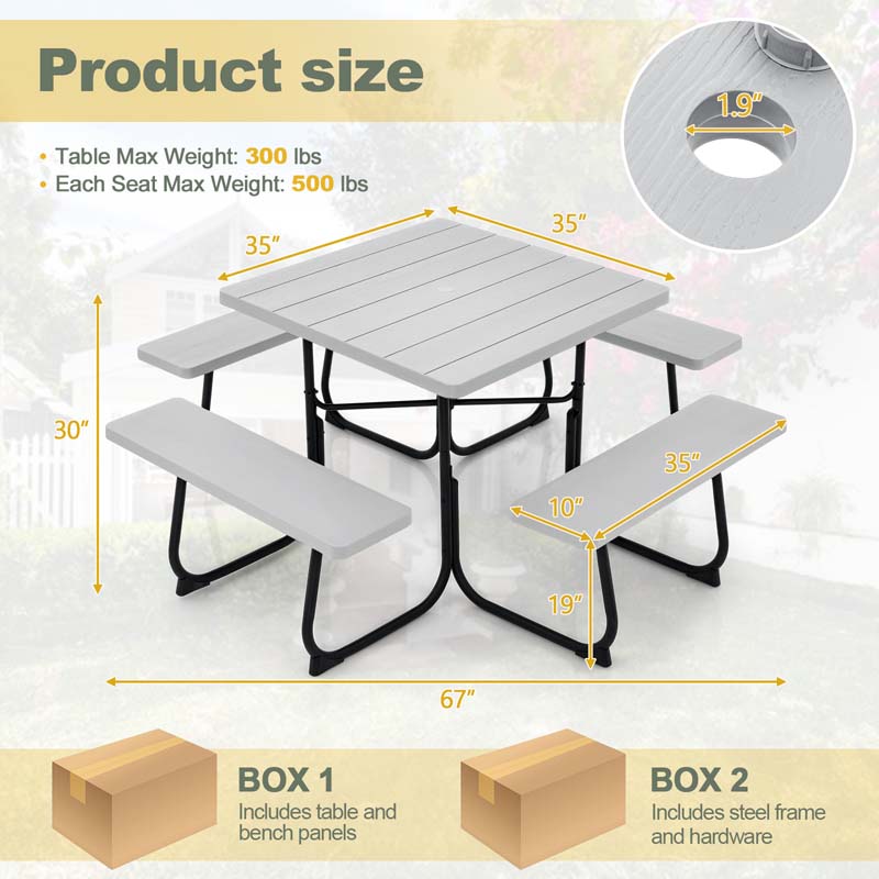 8 Person Square Picnic Table and Bench Set, Outdoor HDPE Patio Dining Set with Umbrella Hole & Metal Frame, 2000lbs Capacity for Backyard