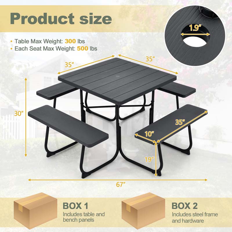 8 Person Square Picnic Table and Bench Set, Outdoor HDPE Patio Dining Set with Umbrella Hole & Metal Frame, 2000lbs Capacity for Backyard