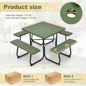 8 Person Square Picnic Table and Bench Set, Outdoor HDPE Patio Dining Set with Umbrella Hole & Metal Frame, 2000lbs Capacity for Backyard