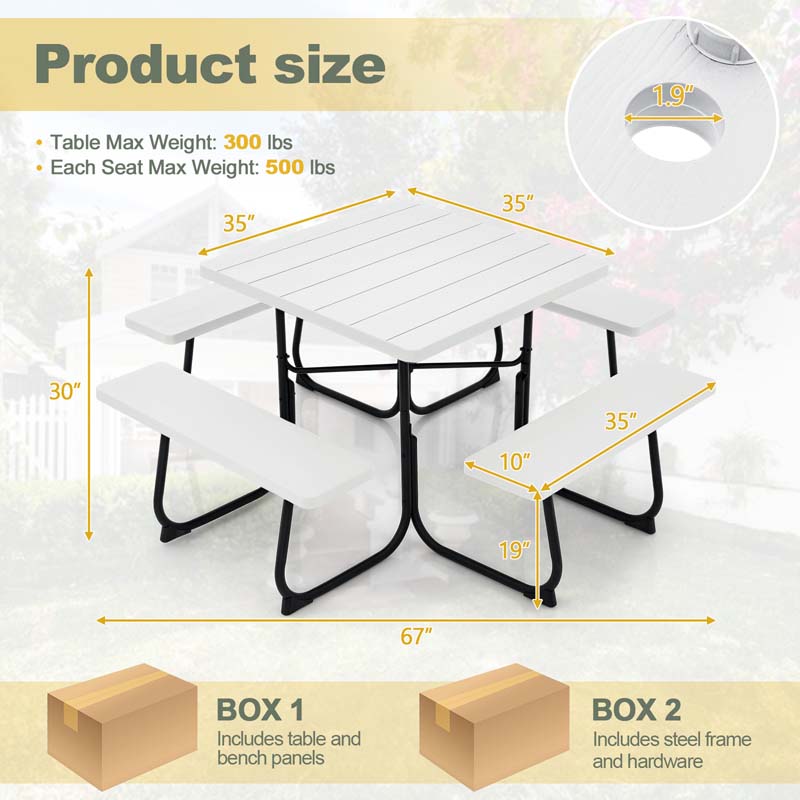 8 Person Square Picnic Table and Bench Set, Outdoor HDPE Patio Dining Set with Umbrella Hole & Metal Frame, 2000lbs Capacity for Backyard
