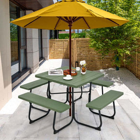 8 Person Square Picnic Table and Bench Set, Outdoor HDPE Patio Dining Set with Umbrella Hole & Metal Frame, 2000lbs Capacity for Backyard