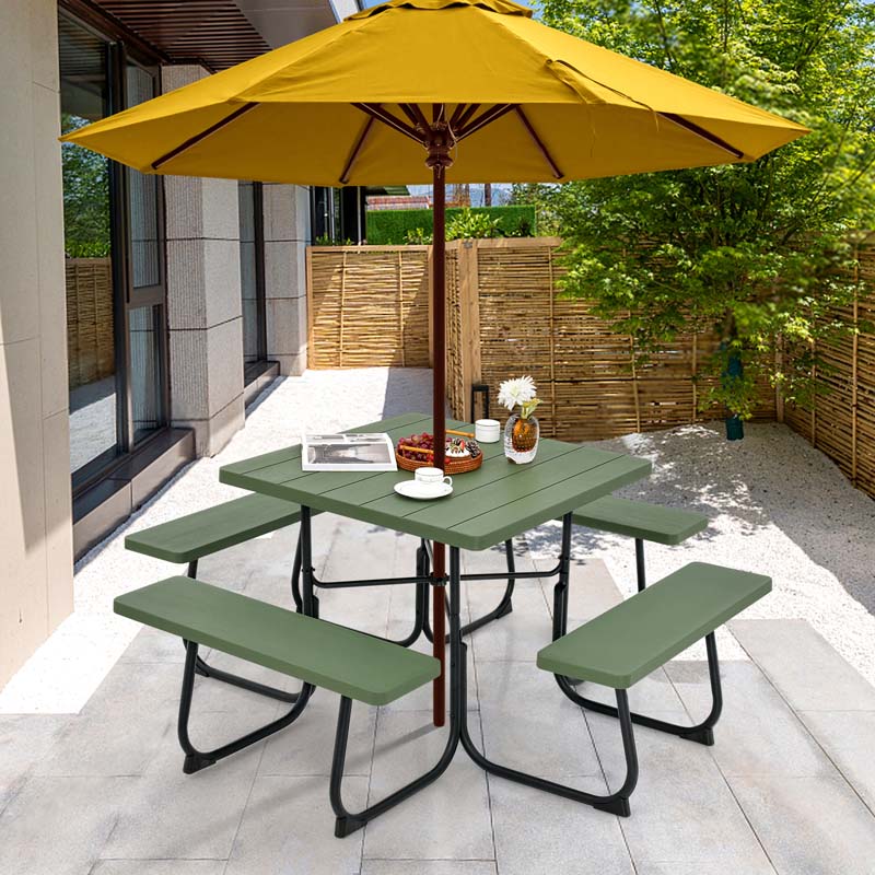 8 Person Square Picnic Table and Bench Set, Outdoor HDPE Patio Dining Set with Umbrella Hole & Metal Frame, 2000lbs Capacity for Backyard