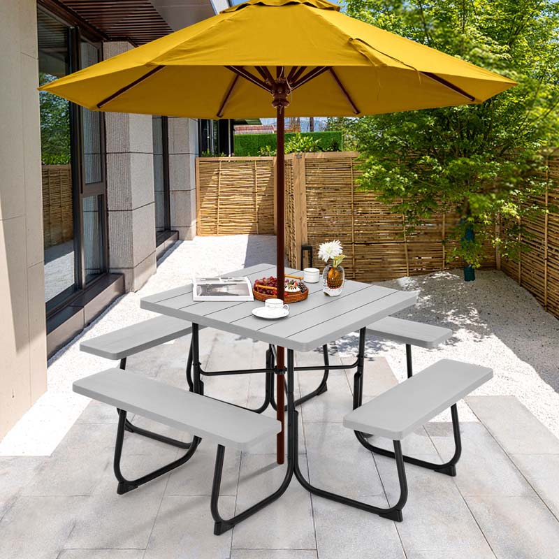 8 Person Square Picnic Table and Bench Set, Outdoor HDPE Patio Dining Set with Umbrella Hole & Metal Frame, 2000lbs Capacity for Backyard