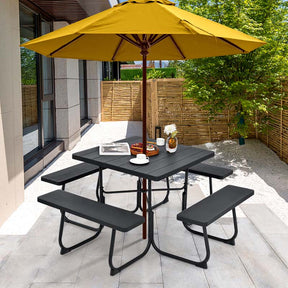 8 Person Square Picnic Table and Bench Set, Outdoor HDPE Patio Dining Set with Umbrella Hole & Metal Frame, 2000lbs Capacity for Backyard