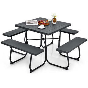 8 Person Square Picnic Table and Bench Set, Outdoor HDPE Patio Dining Set with Umbrella Hole & Metal Frame, 2000lbs Capacity for Backyard