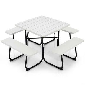 8 Person Square Picnic Table and Bench Set, Outdoor HDPE Patio Dining Set with Umbrella Hole & Metal Frame, 2000lbs Capacity for Backyard