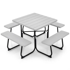 8 Person Square Picnic Table and Bench Set, Outdoor HDPE Patio Dining Set with Umbrella Hole & Metal Frame, 2000lbs Capacity for Backyard