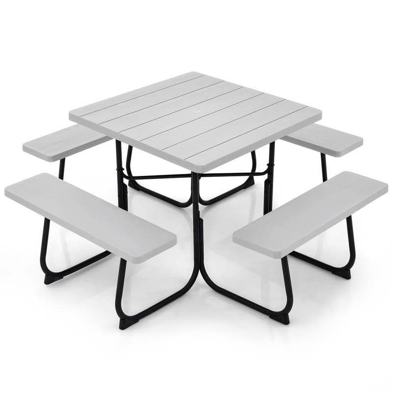 8 Person Square Picnic Table and Bench Set, Outdoor HDPE Patio Dining Set with Umbrella Hole & Metal Frame, 2000lbs Capacity for Backyard