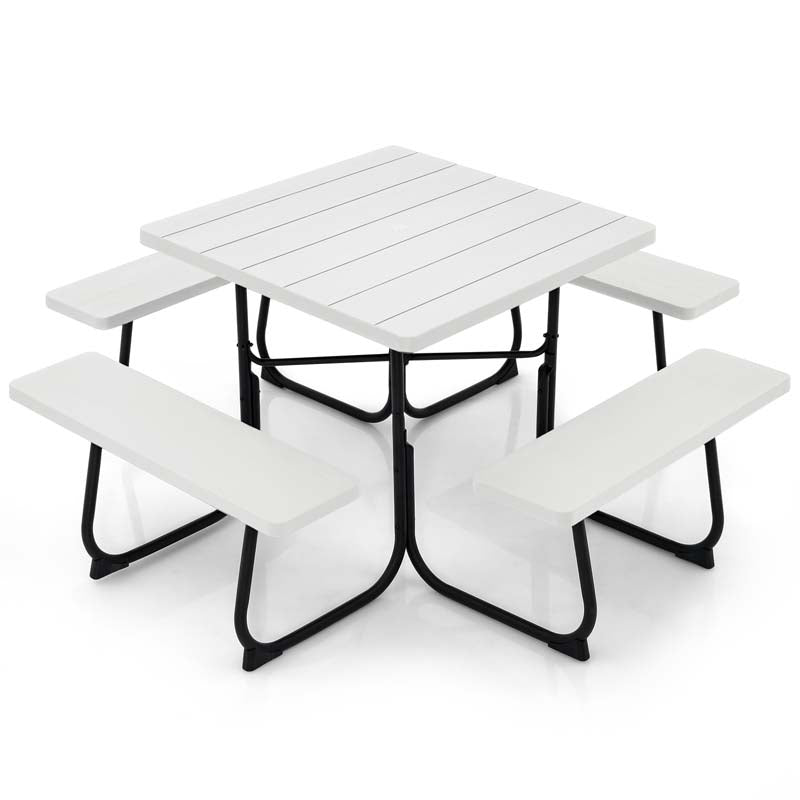 8 Person Square Picnic Table and Bench Set, Outdoor HDPE Patio Dining Set with Umbrella Hole & Metal Frame, 2000lbs Capacity for Backyard