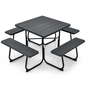 8 Person Square Picnic Table and Bench Set, Outdoor HDPE Patio Dining Set with Umbrella Hole & Metal Frame, 2000lbs Capacity for Backyard