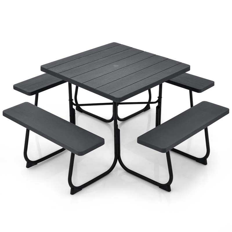 8 Person Square Picnic Table and Bench Set, Outdoor HDPE Patio Dining Set with Umbrella Hole & Metal Frame, 2000lbs Capacity for Backyard
